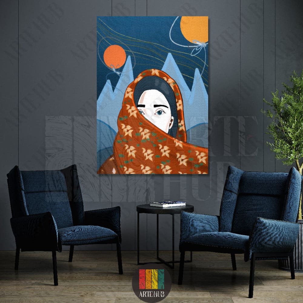 A premium canvas wall art featuring an abstract portrait of a woman in a patterned orange veil against blue mountains and suns, perfect for modern Egypt homes.