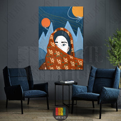 A premium canvas wall art featuring an abstract portrait of a woman in a patterned orange veil against blue mountains and suns, perfect for modern Egypt homes.