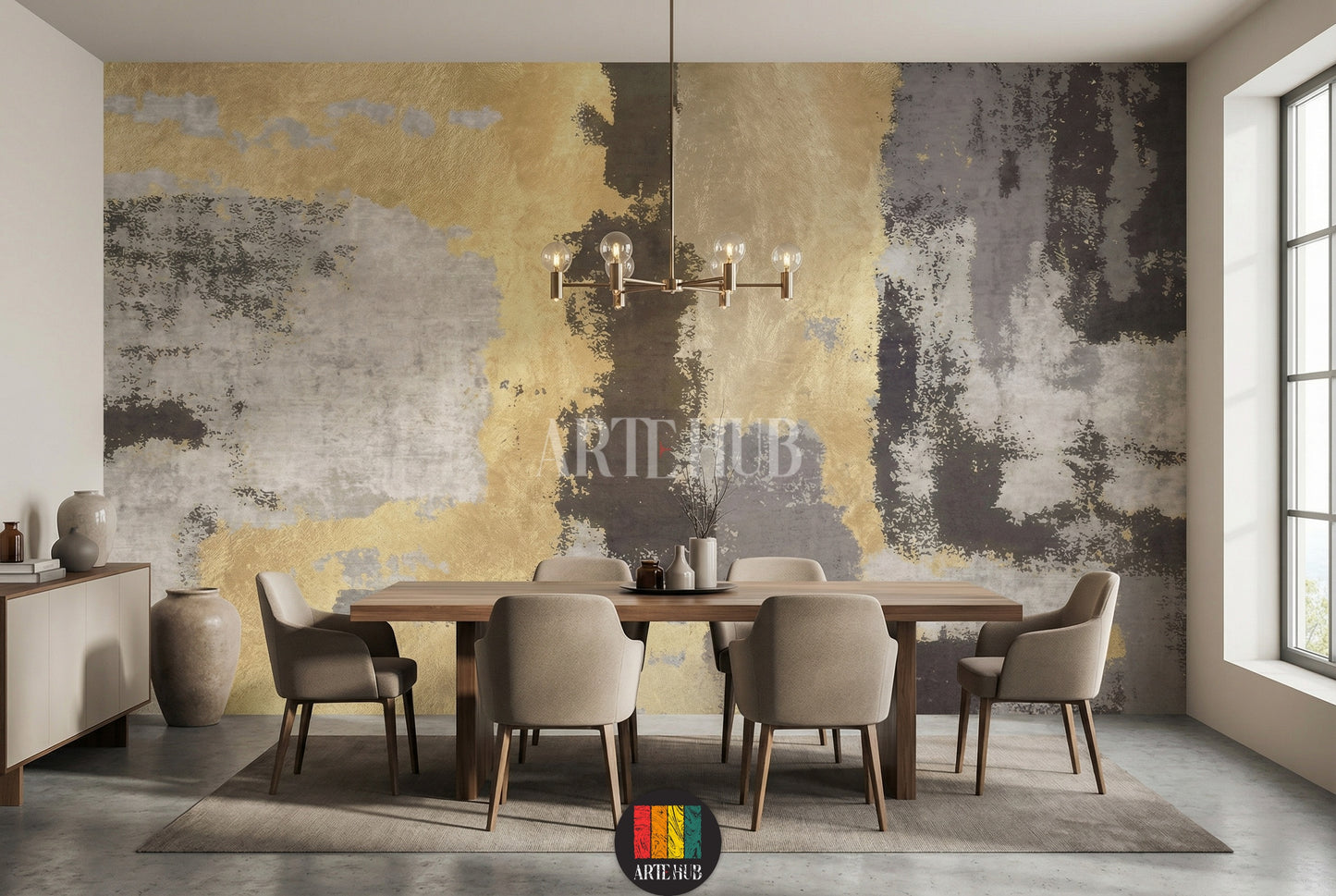 Full shot of a living room featuring a modern abstract wallpaper in gold, grey, and dark brown tones, resembling aged patina texture. The room includes a beige sofa with cushions, a wooden coffee table, and a floor lamp, showcasing stylish home decor in Egypt.
صورة كاملة لغرفة معيشة تتميز بورق حائط تجريدي عصري بألوان ذهبية، رمادية وبنية داكنة، يشبه ملمس الصدأ أو الطبقة القديمة. الغرفة تحتوي على أريكة بيج ووسائد، طاولة قهوة خشبية، ومصباح أرضي، مما يعرض ديكور منزل أنيق في مصر.
room: dining room