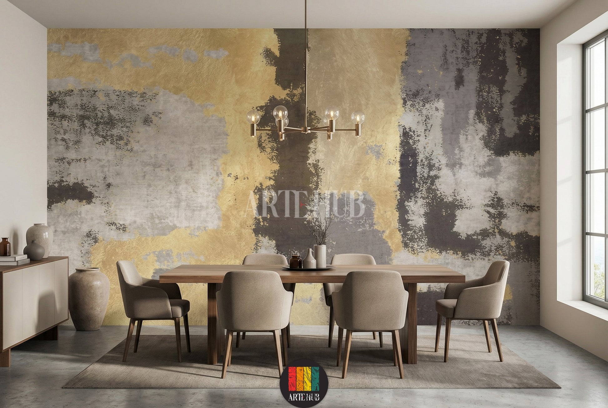 Full shot of a living room featuring a modern abstract wallpaper in gold, grey, and dark brown tones, resembling aged patina texture. The room includes a beige sofa with cushions, a wooden coffee table, and a floor lamp, showcasing stylish home decor in Egypt.
صورة كاملة لغرفة معيشة تتميز بورق حائط تجريدي عصري بألوان ذهبية، رمادية وبنية داكنة، يشبه ملمس الصدأ أو الطبقة القديمة. الغرفة تحتوي على أريكة بيج ووسائد، طاولة قهوة خشبية، ومصباح أرضي، مما يعرض ديكور منزل أنيق في مصر.
room: dining room