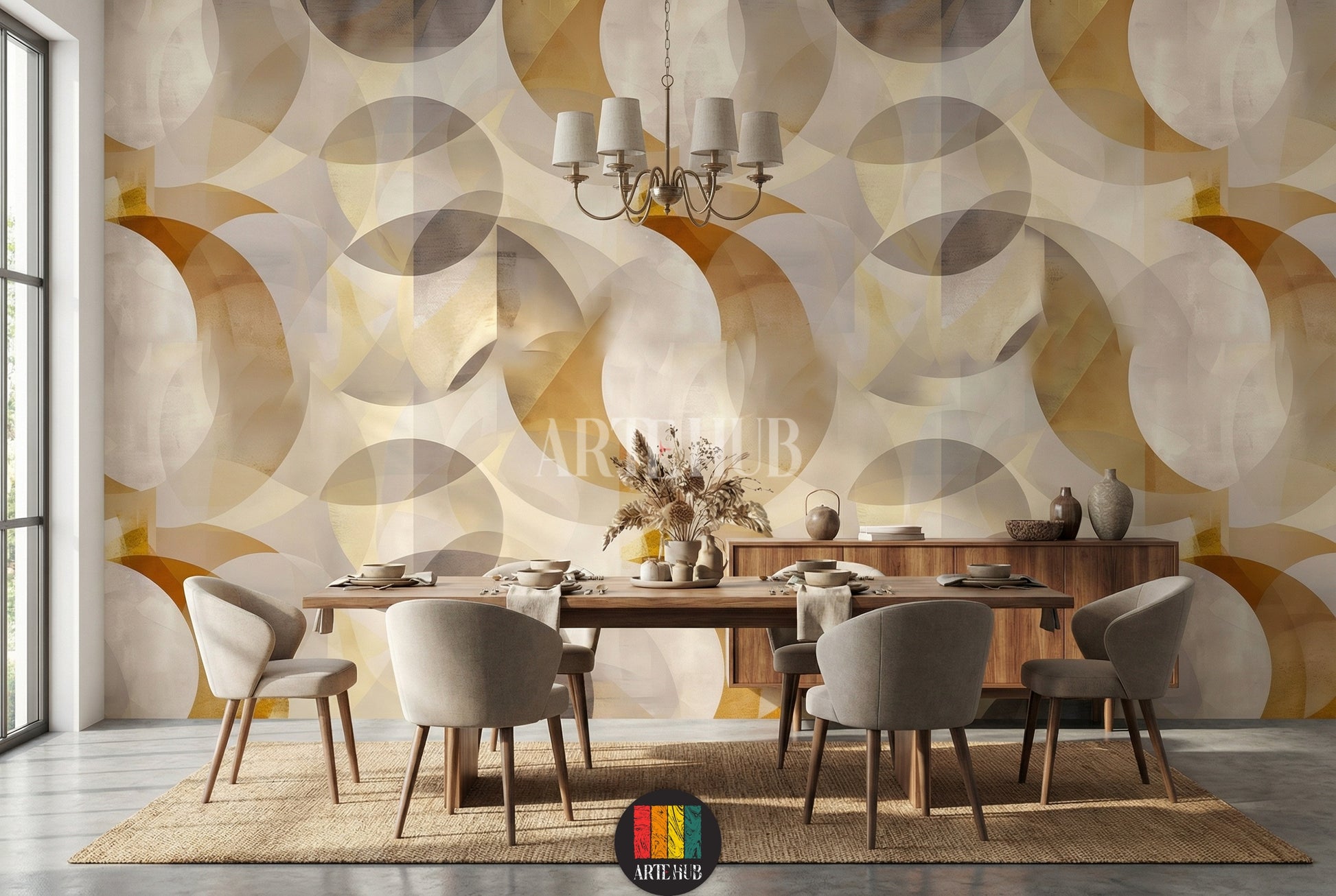 A contemporary dining room featuring a stunning geometric circles wallpaper in shades of beige, gold, and grey. The modern decor includes a wooden dining table, light grey chairs, and a chandelier, ideal for stylish homes in Egypt.
غرفة طعام عصرية تظهر ورق حائط بتصميم دوائر هندسية بألوان البيج والذهبي والرمادي. الديكور يضم طاولة طعام خشبية، كراسي رمادية فاتحة، وثريا أنيقة، مثالي للمنازل الأنيقة في مصر.
room: dining room