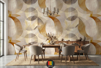 A contemporary dining room featuring a stunning geometric circles wallpaper in shades of beige, gold, and grey. The modern decor includes a wooden dining table, light grey chairs, and a chandelier, ideal for stylish homes in Egypt.
غرفة طعام عصرية تظهر ورق حائط بتصميم دوائر هندسية بألوان البيج والذهبي والرمادي. الديكور يضم طاولة طعام خشبية، كراسي رمادية فاتحة، وثريا أنيقة، مثالي للمنازل الأنيقة في مصر.
room: dining room