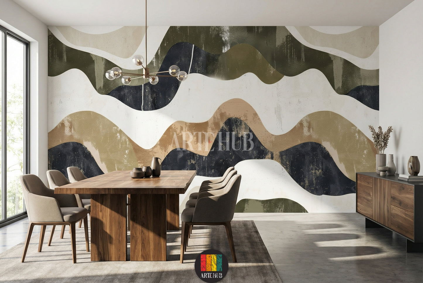 Full shot of a contemporary dining room featuring a large statement wall covered in abstract wavy wallpaper. The design includes organic shapes in earthy tones of beige, cream, olive green, and deep blue-grey, creating a dynamic flow. A long wooden dining table with modern chairs, a chandelier, and a wooden console table with decor are also visible. Ideal for modern Egyptian interior design.
صورة كاملة لغرفة طعام عصرية تعرض جدارًا مميزًا مغطى بورق حائط بتصميم أمواج تجريدية. 
room: diningroom