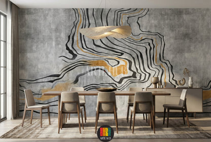 Modern bedroom featuring a large abstract wallpaper with flowing black and gold lines on a textured grey background. The wall art enhances the contemporary home decor in Egypt, creating a luxurious and serene atmosphere.
غرفة نوم عصرية مع ورق حائط كبير بتصميم مجرد بخطوط سوداء وذهبية متدفقة على خلفية رمادية. لوحات الحائط هذه تضيف لمسة فخمة لديكور المنزل في مصر.
room: dining room