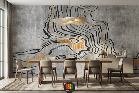 Modern bedroom featuring a large abstract wallpaper with flowing black and gold lines on a textured grey background. The wall art enhances the contemporary home decor in Egypt, creating a luxurious and serene atmosphere.
غرفة نوم عصرية مع ورق حائط كبير بتصميم مجرد بخطوط سوداء وذهبية متدفقة على خلفية رمادية. لوحات الحائط هذه تضيف لمسة فخمة لديكور المنزل في مصر.
room: dining room
