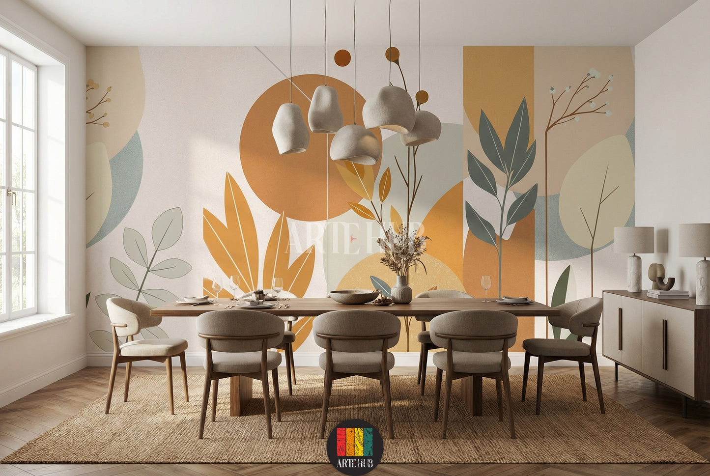 A modern bedroom featuring a serene abstract botanical wallpaper with earthy tones like terracotta, beige, and sage green, depicting large leaves and circular shapes. This elegant wall decor is perfect for contemporary Egyptian homes, adding a calm and sophisticated touch.
غرفة نوم عصرية تتميز بورق حائط نباتي مجرد وهادئ بألوان ترابية مثل الطوبي والبيج والأخضر الزيتي، يصور أوراق شجر كبيرة وأشكال دائرية. هذا الديكور الجداري الأنيق مثالي للمنازل المصرية الحديثة، ويضيف لمسة من الهدوء والرقي.
room: dining room 