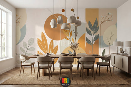 A modern bedroom featuring a serene abstract botanical wallpaper with earthy tones like terracotta, beige, and sage green, depicting large leaves and circular shapes. This elegant wall decor is perfect for contemporary Egyptian homes, adding a calm and sophisticated touch.
غرفة نوم عصرية تتميز بورق حائط نباتي مجرد وهادئ بألوان ترابية مثل الطوبي والبيج والأخضر الزيتي، يصور أوراق شجر كبيرة وأشكال دائرية. هذا الديكور الجداري الأنيق مثالي للمنازل المصرية الحديثة، ويضيف لمسة من الهدوء والرقي.
room: dining room 
