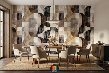 A living room featuring a modern geometric abstract wallpaper with interlocking arcs and squares in earthy tones of brown, beige, grey, and black, enhancing contemporary interior decor in Egypt. A white sofa, gold coffee table, and pampas grass complete the stylish setting.
غرفة معيشة حديثة تتميز بورق حائط بتصميم هندسي تجريدي بأقواس ومربعات متداخلة بألوان ترابية من البني والبيج والرمادي والأسود، مما يعزز الديكور الداخلي المعاصر في
room: dining room