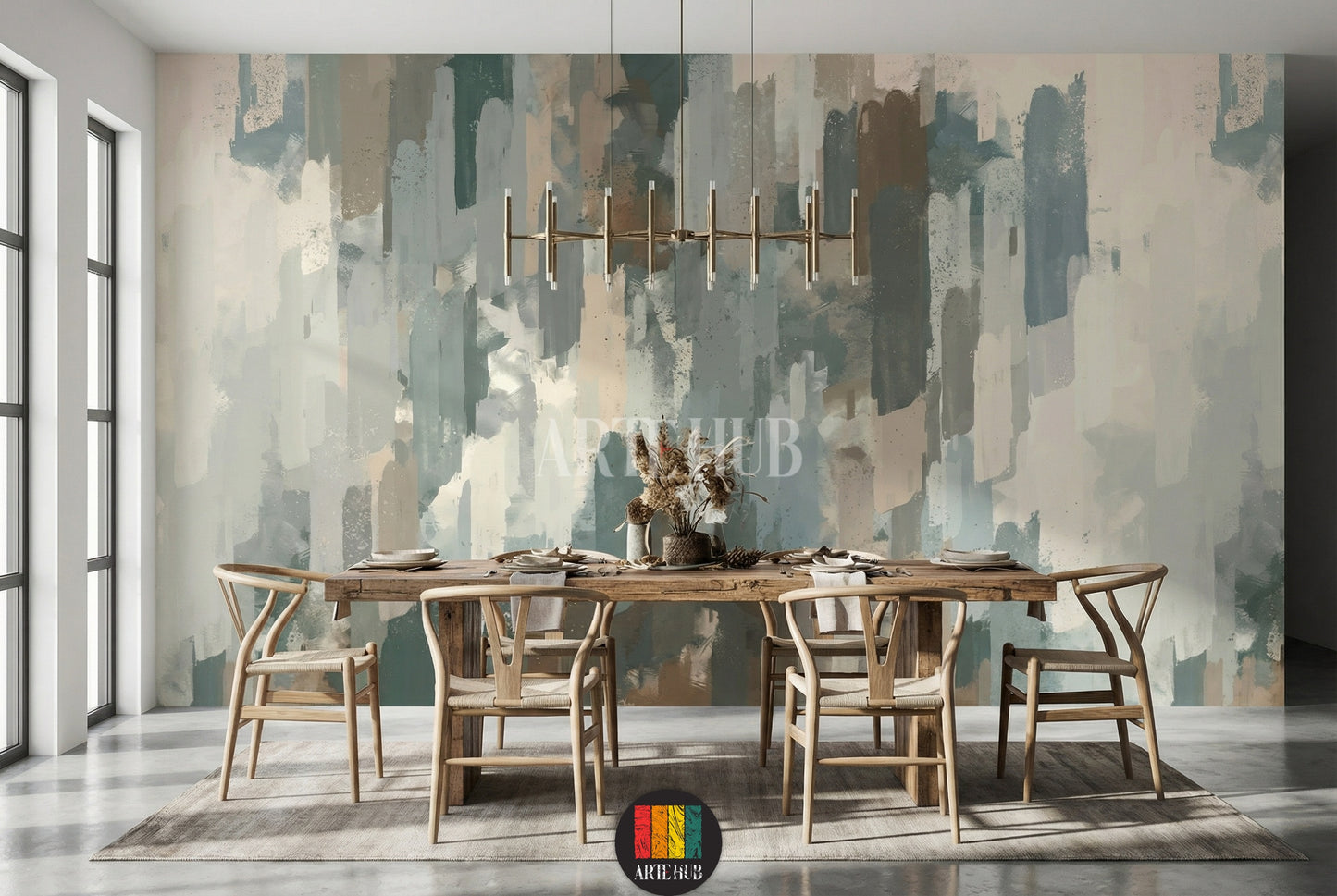 Full view of a modern bedroom with an abstract brushstroke wallpaper in muted green, blue, brown, and beige tones, creating a stylish focal point for homes in Egypt.
صورة كاملة لغرفة نوم مودرن مع ورق حائط بتصميم فرشاة تجريدي بألوان هادئة من الأخضر والأزرق والبني والبيج، لمسة عصرية لديكورات المنازل في مصر.
room: dining room