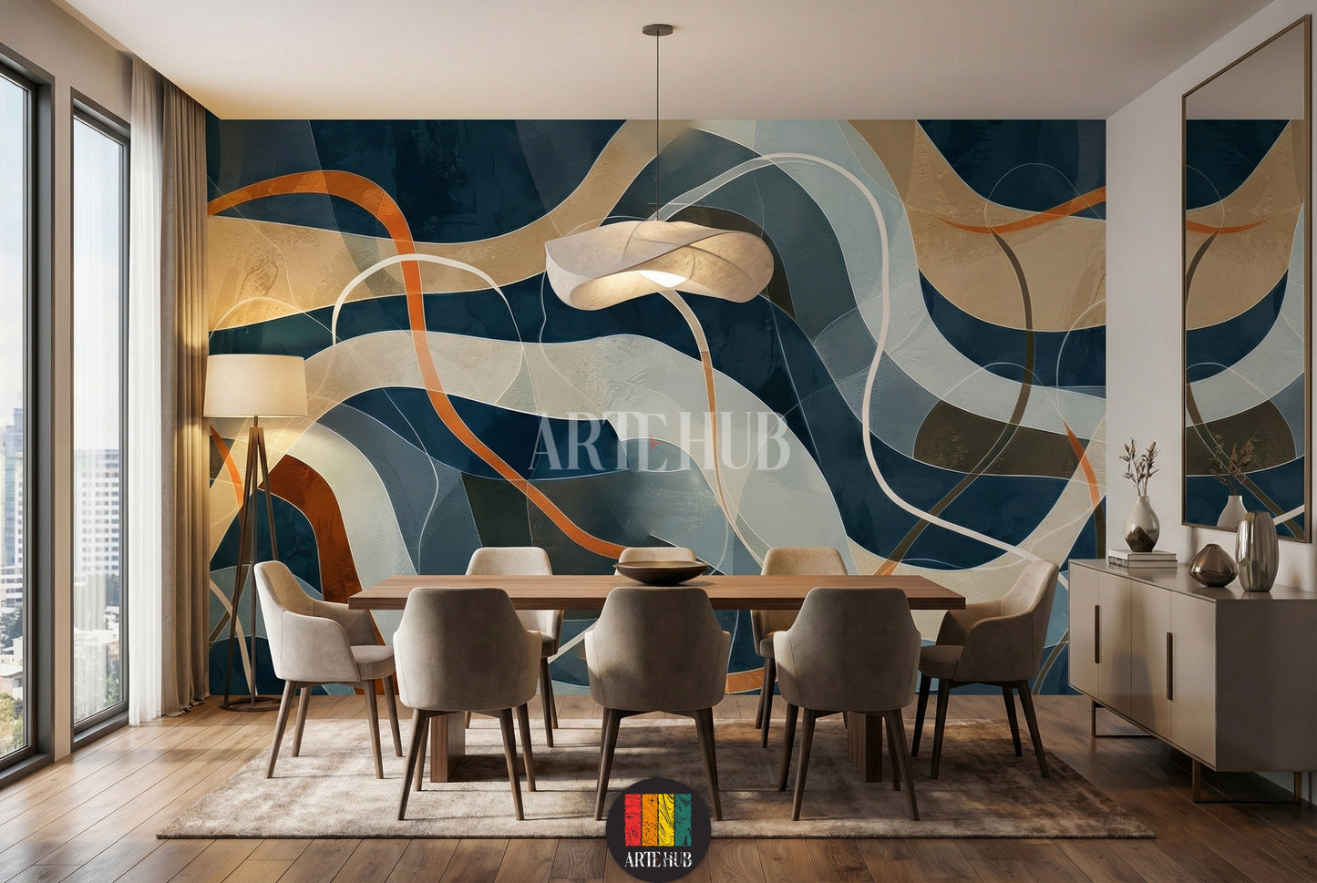 A modern bedroom featuring a large abstract wallpaper with flowing, curved lines in shades of dark blue, beige, grey, brown, and orange. This contemporary wall art is ideal for stylish homes in Egypt.
غرفة نوم عصرية تحتوي على ورق حائط كبير بتصميم تجريدي يتميز بخطوط منحنية وأمواج بألوان الأزرق الداكن والبيج والرمادي والبني والبرتقالي. هذا الديكور الجداري العصري مثالي للمنازل الأنيقة في مصر.
room: dining room