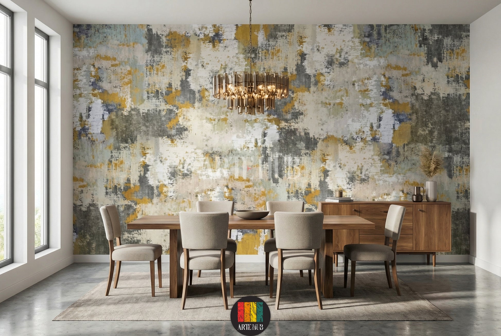 Detailed view of abstract distressed wallpaper in gold, grey, and white tones, enhancing a modern bedroom interior in Egypt. Ideal for contemporary wall art.
صورة تفصيلية لورق حائط تجريدي بتصميم مميز بألوان ذهبية ورمادية وبيضاء، يزين غرفة نوم عصرية في مصر. مثالي لديكور حائط مودرن.
room: dining room