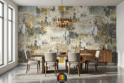 Detailed view of abstract distressed wallpaper in gold, grey, and white tones, enhancing a modern bedroom interior in Egypt. Ideal for contemporary wall art.
صورة تفصيلية لورق حائط تجريدي بتصميم مميز بألوان ذهبية ورمادية وبيضاء، يزين غرفة نوم عصرية في مصر. مثالي لديكور حائط مودرن.
room: dining room