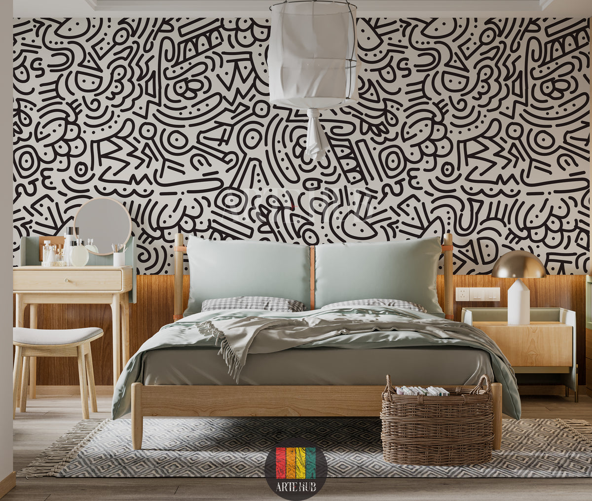 Black doodle wallpaper on a warm ivory background behind a wooden bed with sage cushions.
room: bedroom