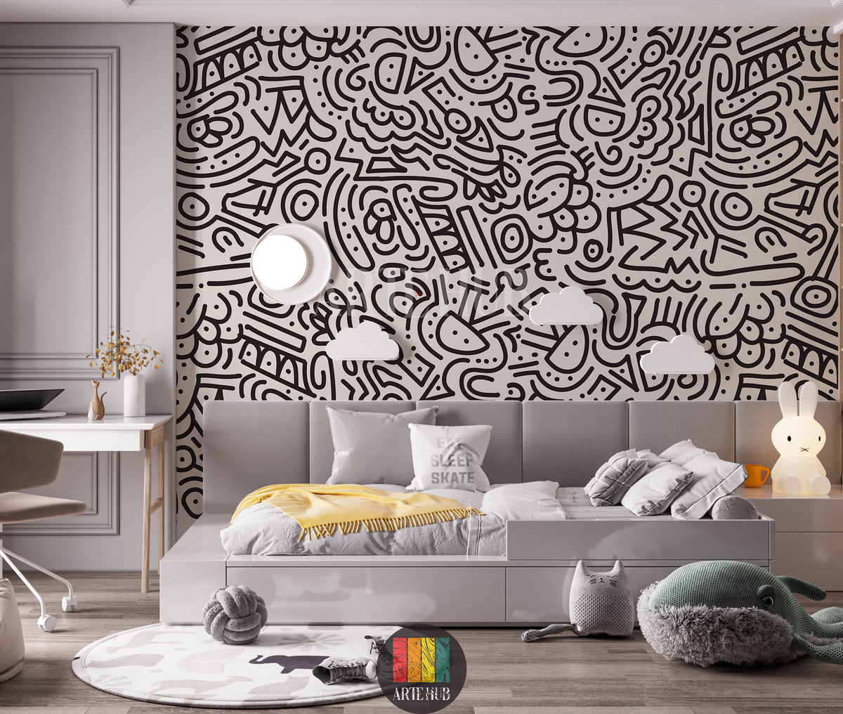 Playful black doodle wallpaper on a warm ivory background with cloud decorations and a grey daybed.
room: kids room
