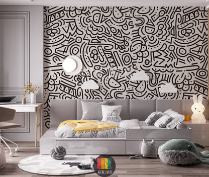 Playful black doodle wallpaper on a warm ivory background with cloud decorations and a grey daybed.
room: kids room
