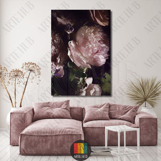 Vertical canvas wall art with oversized pink peonies in a moody floral style above a velvet sofa in a luxury Egypt residence.