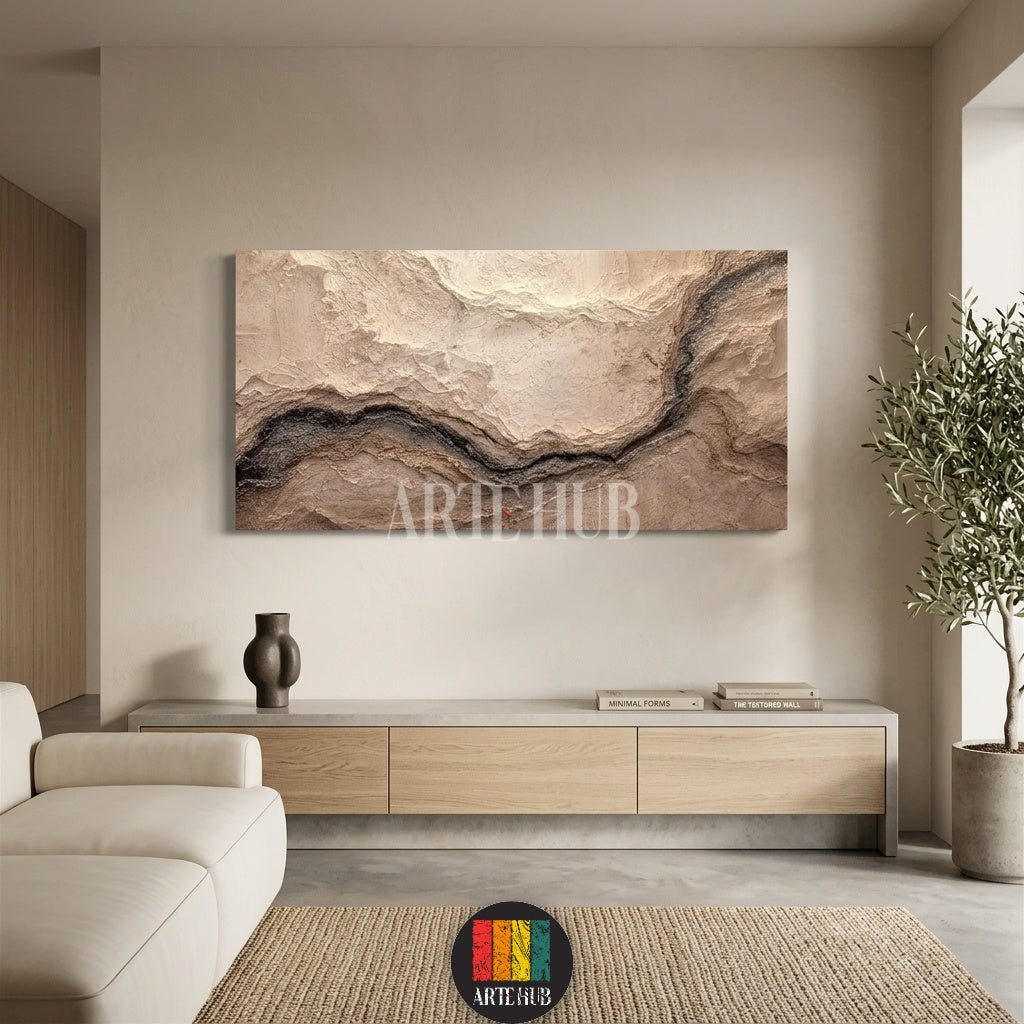 A panoramic textured canvas wall art piece featuring organic beige and dark brown topographical patterns in a luxury minimalist interior.