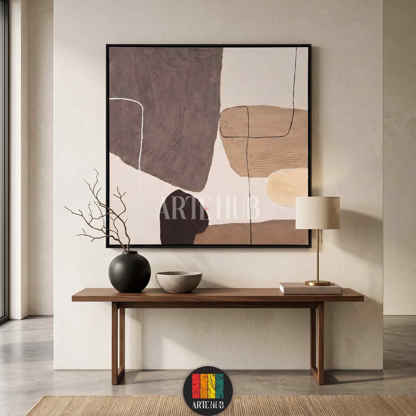 Large textured abstract canvas wall art featuring earthy tones and minimalist shapes in a modern luxury living room setting in Egypt.
