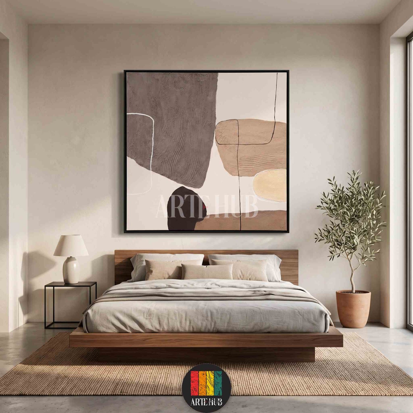 Minimalist abstract canvas wall art featuring textured organic shapes in earthy tones of beige and grey, perfect for luxury bedroom decor in Egypt.
