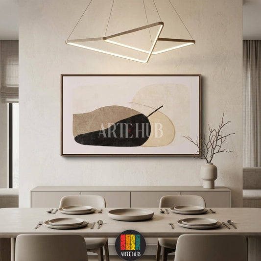 Abstract minimalist canvas wall art with earthy brown and black organic shapes in a luxury dining room setting in Egypt.