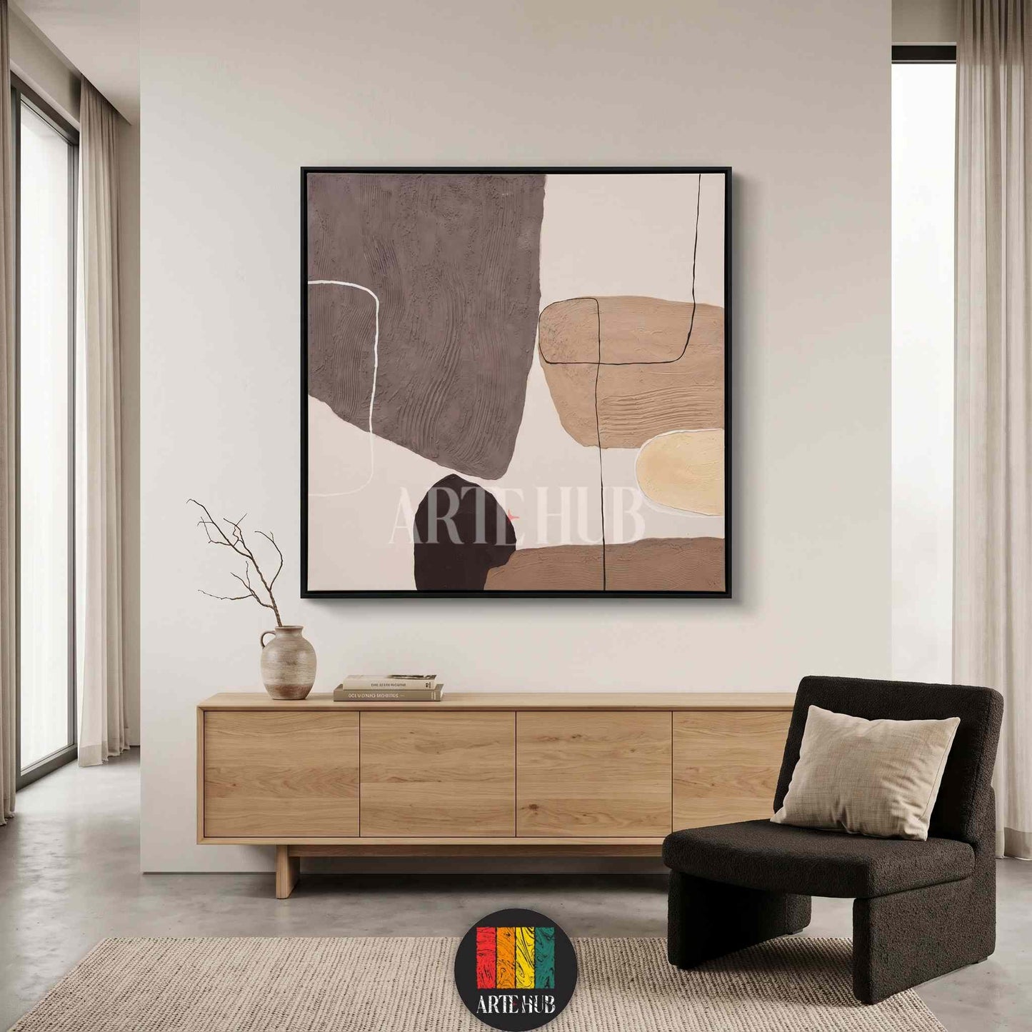Earthy Harmony abstract canvas wall art featuring textured blocks of brown, beige, and charcoal with minimalist black lines for modern home decor.