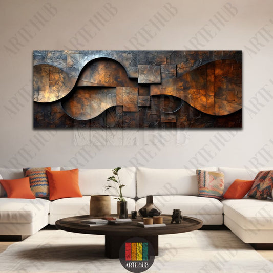 A wide-format abstract canvas wall art piece featuring metallic rust and dark industrial textures hanging above a white sectional sofa in a modern home.