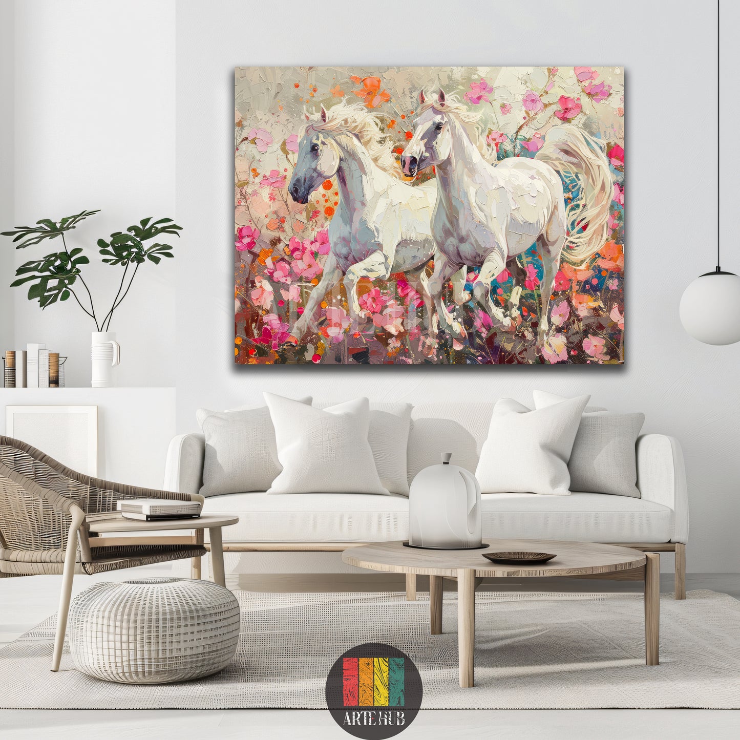 Impressionistic canvas wall art of two white stallions galloping through a vibrant field of pink flowers, perfect for luxury modern wall decor.