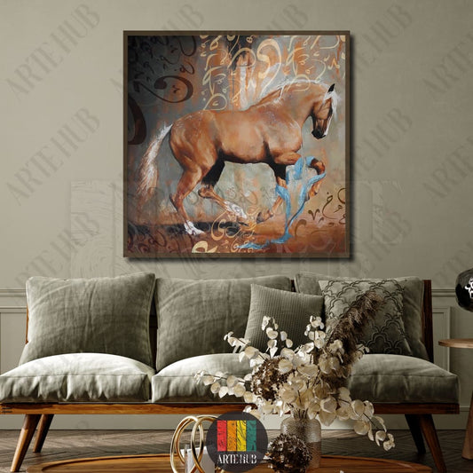 Majestic brown horse painting with gold Arabic calligraphy, a luxury canvas wall art piece for modern home decor in Egypt.
