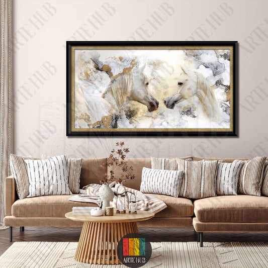 A horizontal framed canvas painting of two white horses in an abstract marble and gold setting, styled in a modern living room in Egypt.
