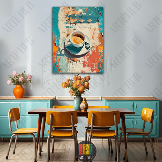 A vibrant canvas wall art piece featuring a cup of coffee on an abstract, distressed teal and orange background, ideal for modern luxury decor in Egypt.
