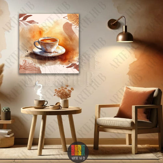 A watercolor canvas wall art featuring a steaming cup of coffee with earthy terracotta and orange abstract floral patterns, ideal for modern kitchen decor in Egypt.