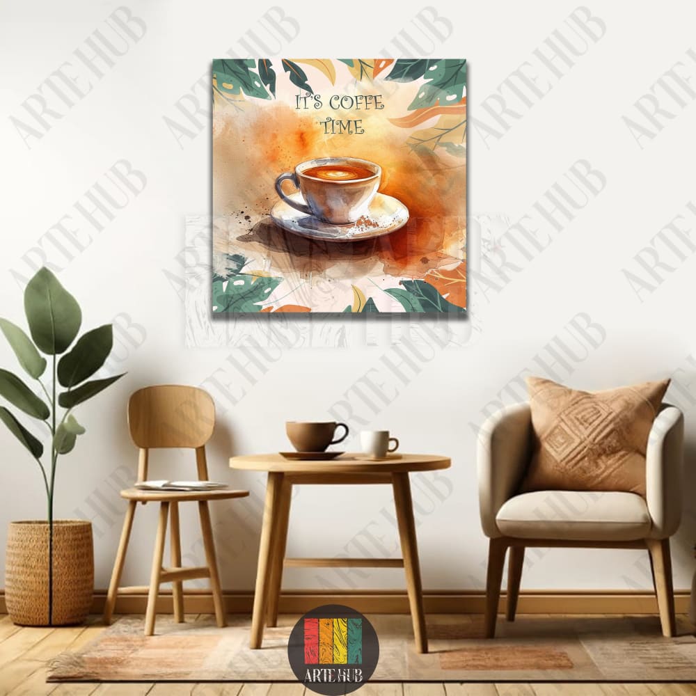 A watercolor illustration of a coffee cup surrounded by autumn leaves on canvas wall art, featuring 'It's Coffee Time' text for modern home decor in Egypt.