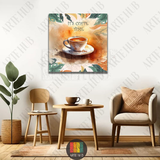 A watercolor illustration of a coffee cup surrounded by autumn leaves on canvas wall art, featuring 'It's Coffee Time' text for modern home decor in Egypt.