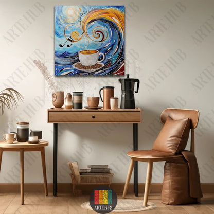 A vibrant abstract canvas wall art piece depicting a coffee cup surrounded by musical notes and swirling blue and orange waves in a modern interior.