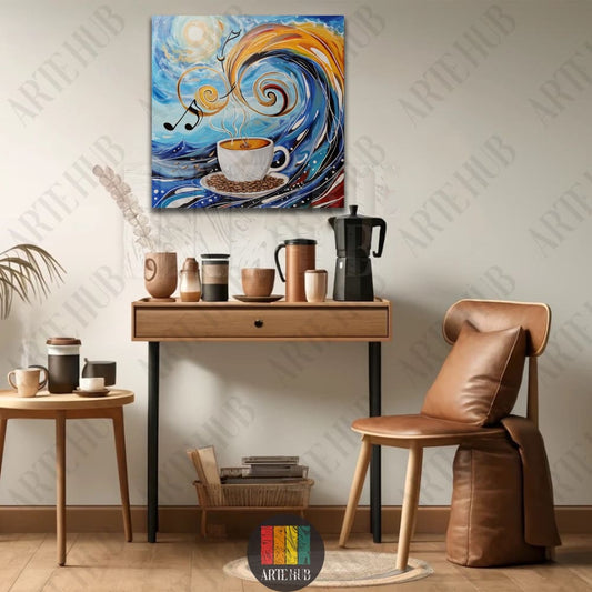 A vibrant abstract canvas wall art piece depicting a coffee cup surrounded by musical notes and swirling blue and orange waves in a modern interior.