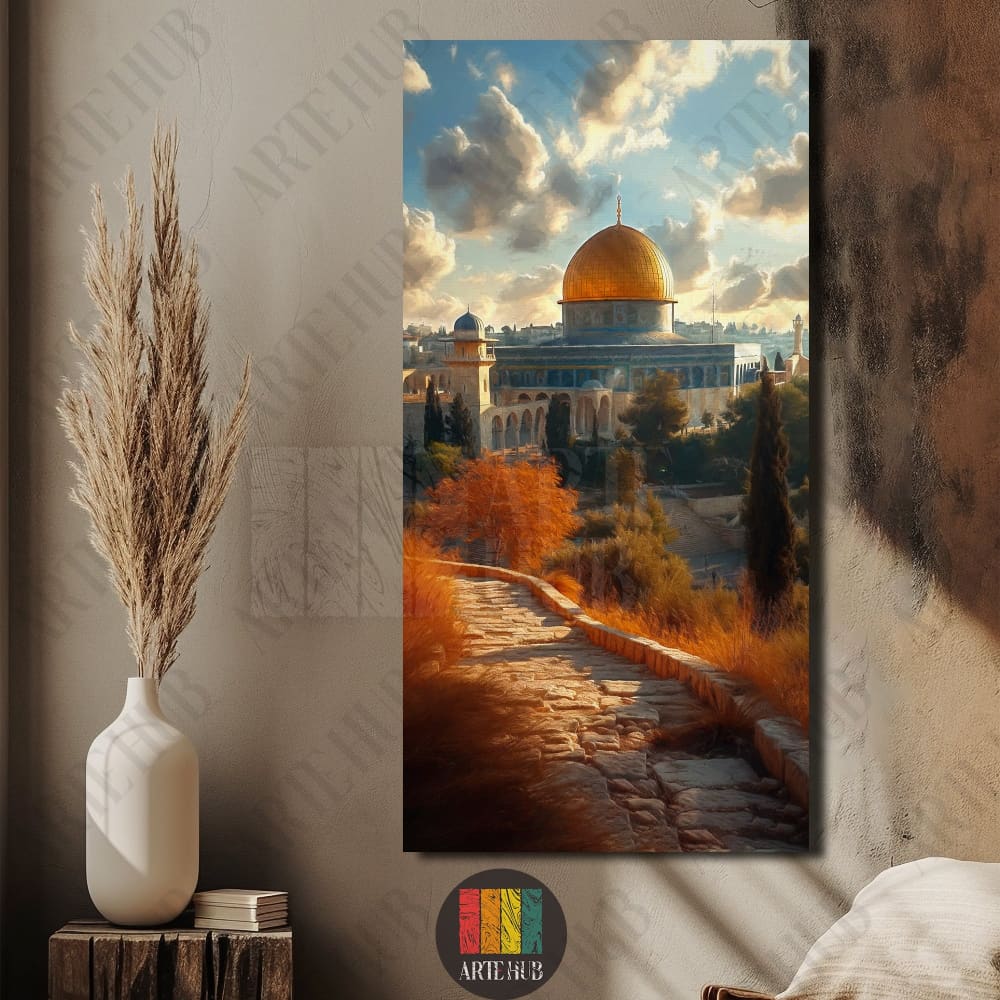 Vertical canvas wall art of the golden Dome of the Rock and a stone path under a vibrant sky, perfect for modern luxury home decor in Egypt.
