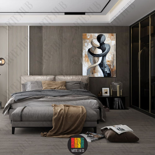 Abstract monochromatic painting of an embracing couple, premium canvas wall art for modern interior design in Egypt.