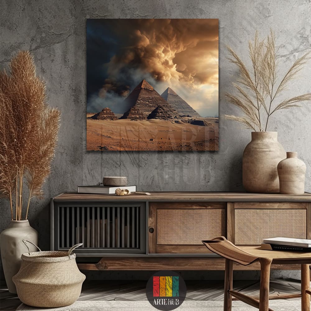 A dramatic square canvas print of the Great Pyramids of Giza under storm clouds, styled as luxury modern wall decor in an Egyptian home setting.