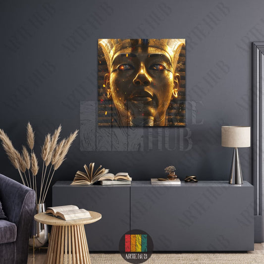 Dramatic close-up of King Tutankhamun golden mask canvas wall art with glowing details, perfect for luxury modern wall decor in an Egyptian home.