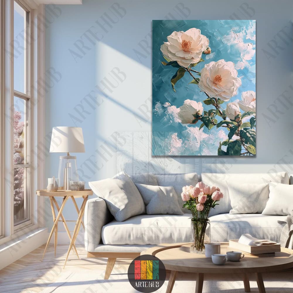 Impasto oil painting of white camellia flowers on a blue sky background, canvas wall art for luxury living room decor.