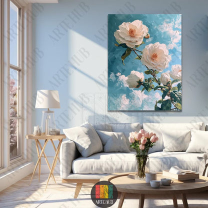 Impasto oil painting of white camellia flowers on a blue sky background, canvas wall art for luxury living room decor.