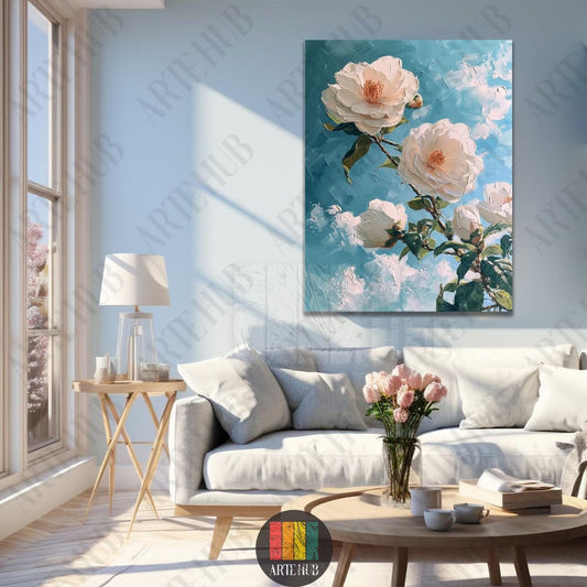 Impasto oil painting of white camellia flowers on a blue sky background, canvas wall art for luxury living room decor.