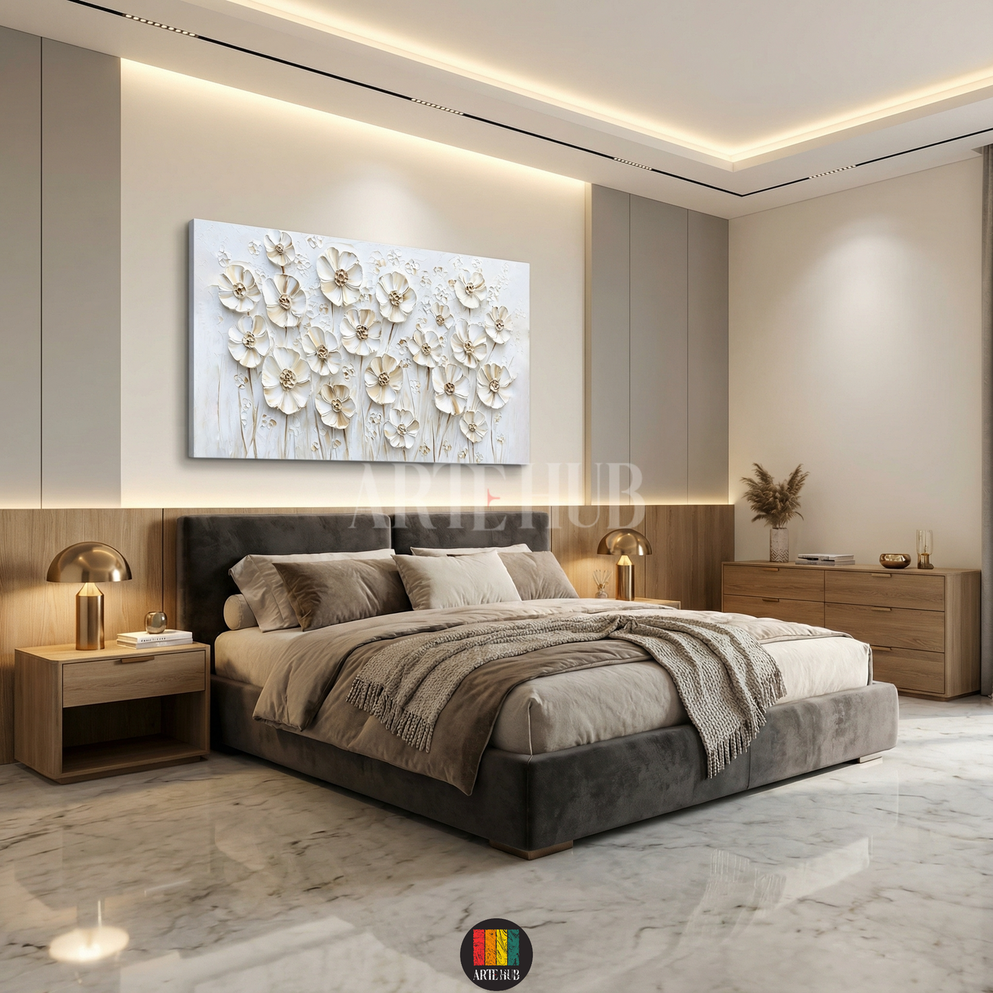 A large horizontal canvas wall art featuring 3D textured white and gold flowers hung above a bed in a luxury modern bedroom in Egypt.