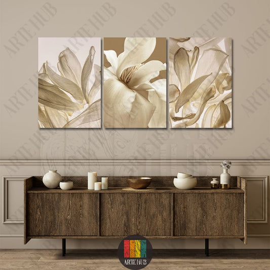 A premium 3-panel triptych canvas wall art featuring translucent cream-colored floral petals in a minimalist style for luxury home decor in Egypt.