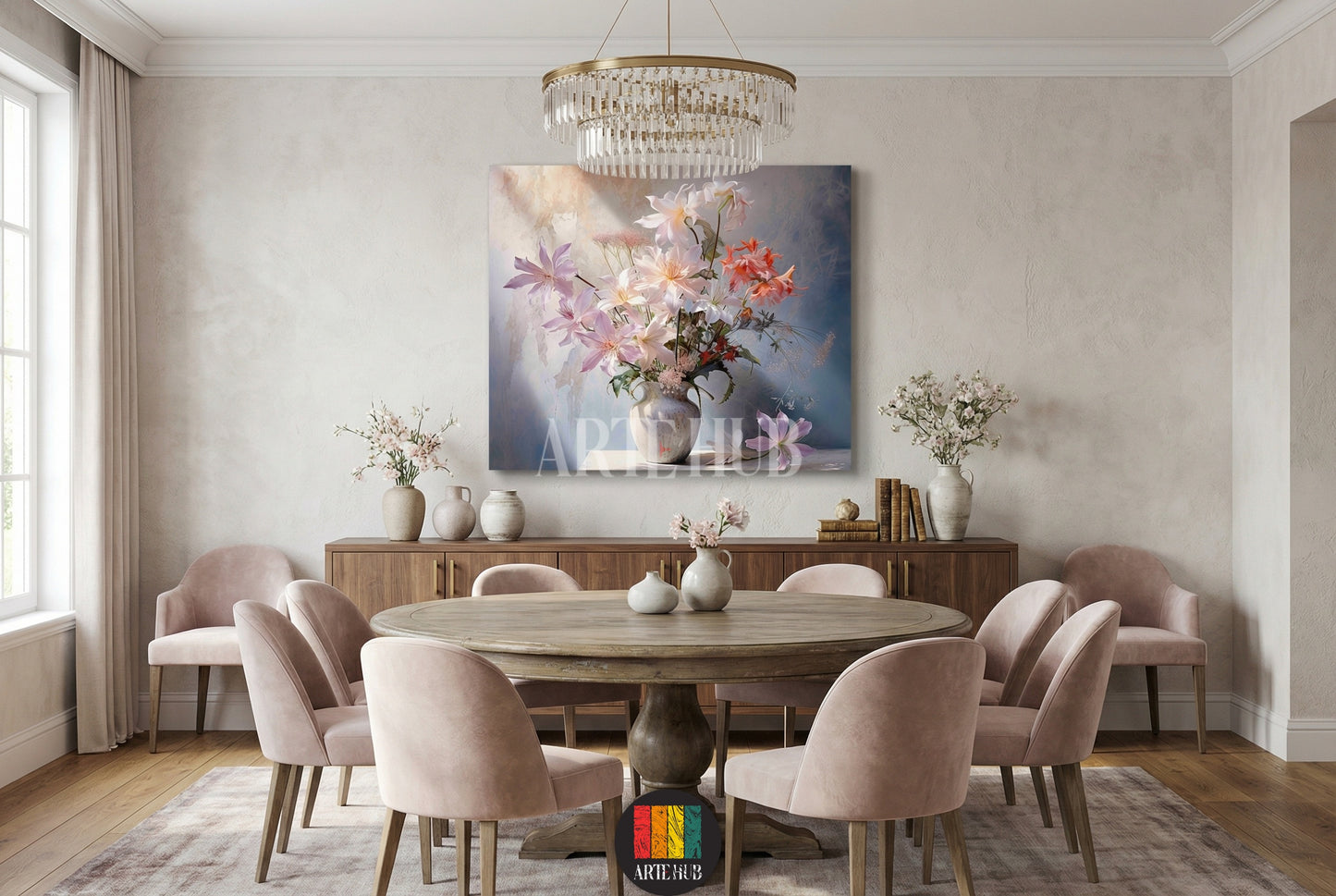 Impressionistic floral canvas wall art featuring pink and orange flowers in a ceramic vase, hung in a luxury modern dining room in Egypt.