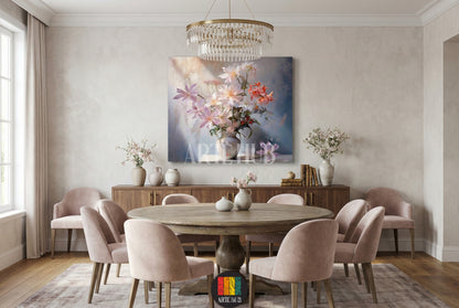 Impressionistic floral canvas wall art featuring pink and orange flowers in a ceramic vase, hung in a luxury modern dining room in Egypt.