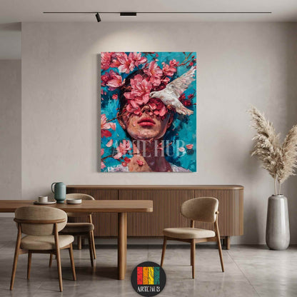 A premium surreal canvas wall art featuring a woman with vibrant pink flowers over her eyes and a white dove, perfect for modern luxury home decor in Egypt.