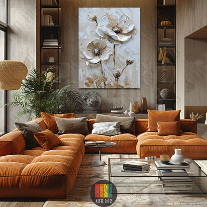 Luxury textured 3D floral canvas wall art featuring white impasto flowers in a modern living room, premium home decor in Egypt.