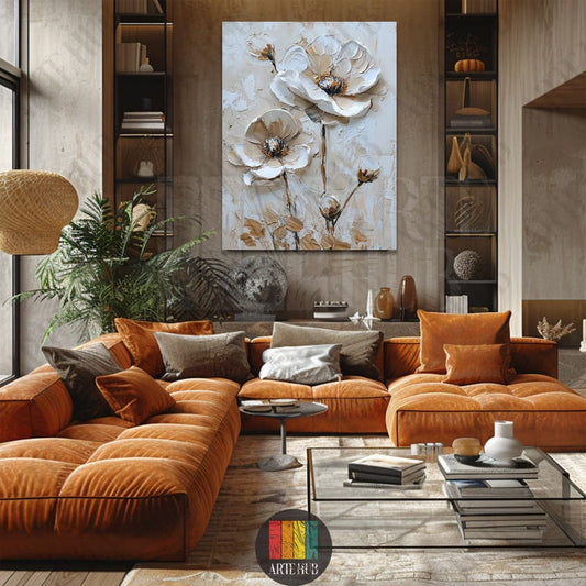 Luxury textured 3D floral canvas wall art featuring white impasto flowers in a modern living room, premium home decor in Egypt.