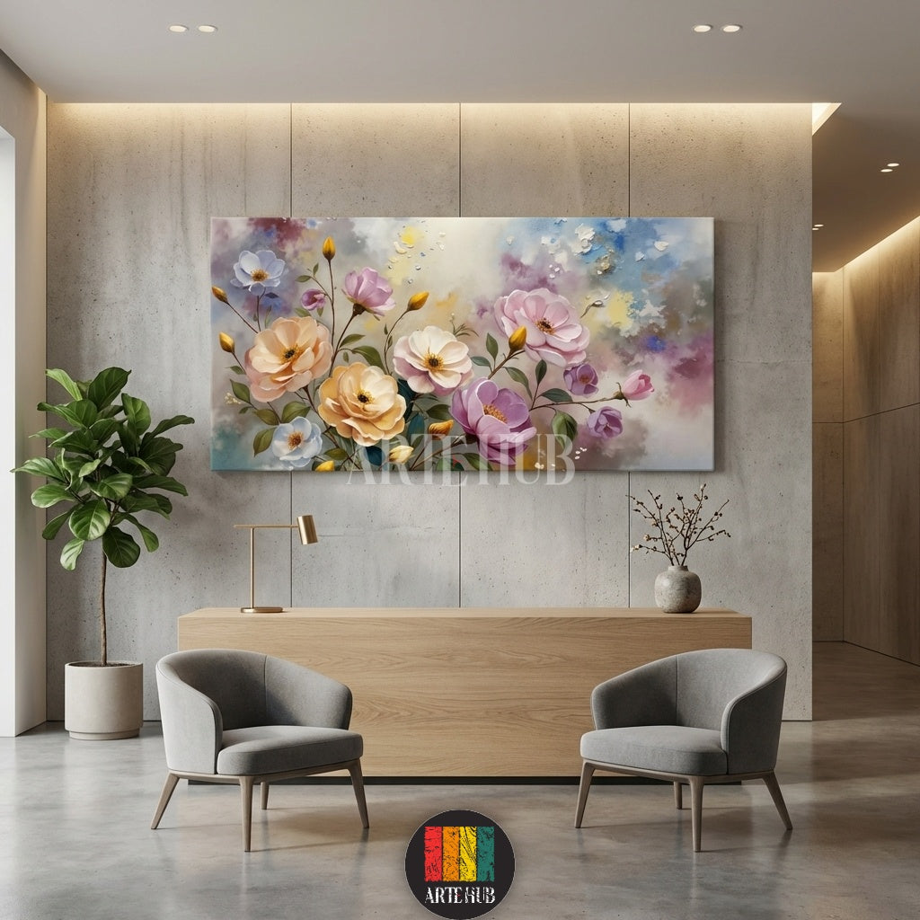 A wide horizontal canvas wall art displaying soft pastel impressionist flowers like peonies in pink and peach tones, styled in a modern minimalist room.
